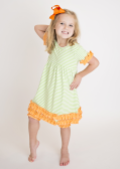 Comfy Green Stripes and Orange Ruffles Knit Tunic Dress with Leggings