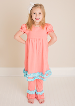 Comfy Coral and Teal Ruffles Knit Tunic Dress with Pants